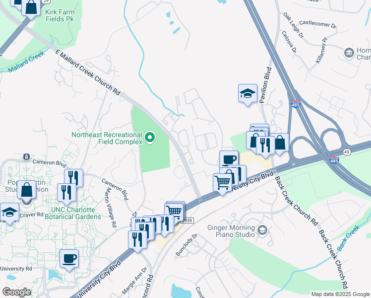 map of restaurants, bars, coffee shops, grocery stores, and more near 1106 Gold Rush Boulevard in Charlotte