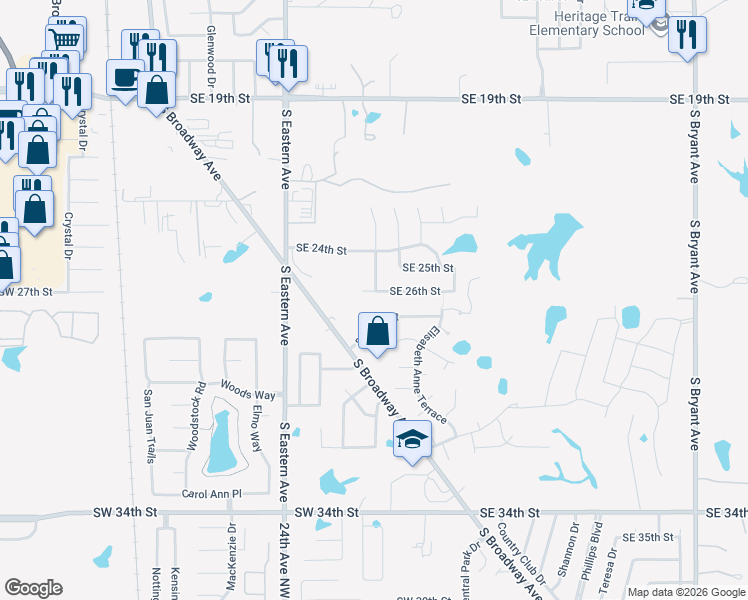map of restaurants, bars, coffee shops, grocery stores, and more near 136 Southeast 26th Street in Moore