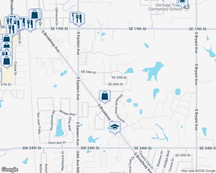 map of restaurants, bars, coffee shops, grocery stores, and more near 136 Southeast 26th Street in Moore