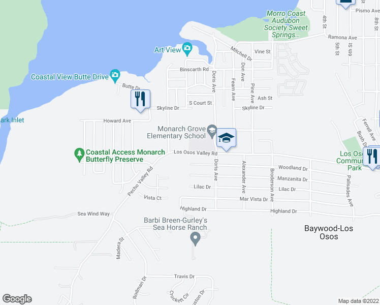 map of restaurants, bars, coffee shops, grocery stores, and more near 371 Los Osos Valley Road in Baywood-Los Osos
