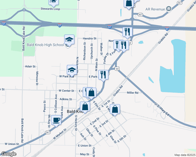 map of restaurants, bars, coffee shops, grocery stores, and more near 206 North Main Street in Bald Knob