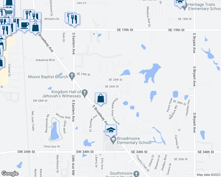 map of restaurants, bars, coffee shops, grocery stores, and more near 220 Southeast 26th Street in Moore