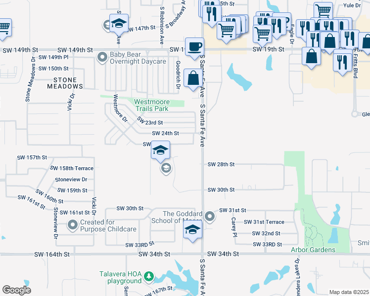 map of restaurants, bars, coffee shops, grocery stores, and more near 1010 Southwest 25th Street in Moore