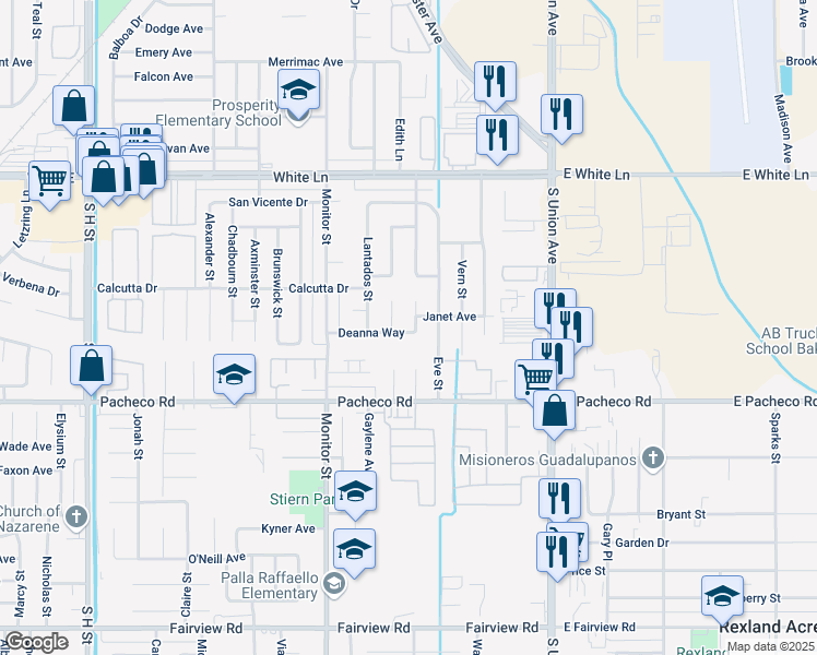 map of restaurants, bars, coffee shops, grocery stores, and more near 4601 Kenny Street in Bakersfield