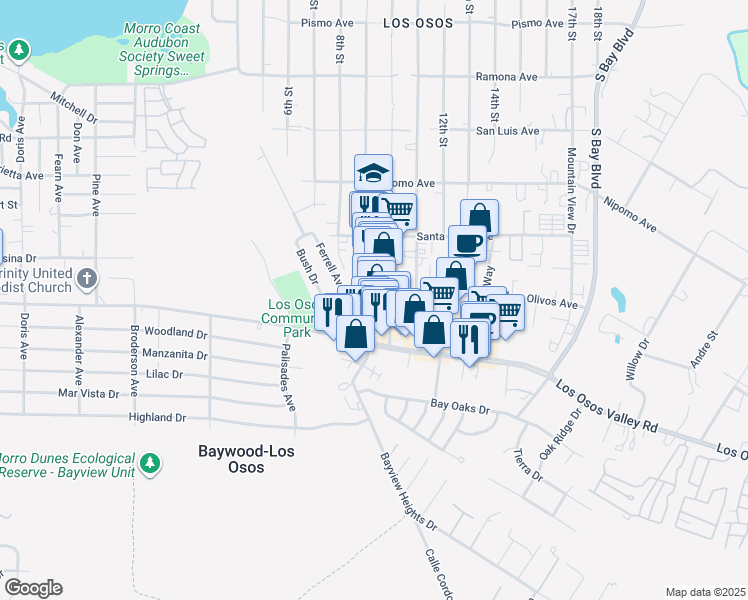 map of restaurants, bars, coffee shops, grocery stores, and more near 2112 9th Street in Baywood-Los Osos