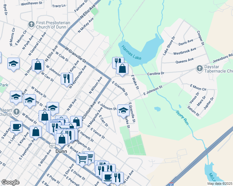 map of restaurants, bars, coffee shops, grocery stores, and more near 405 East Cole Street in Dunn