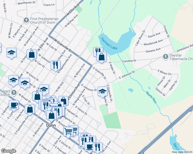 map of restaurants, bars, coffee shops, grocery stores, and more near 405 East Cole Street in Dunn