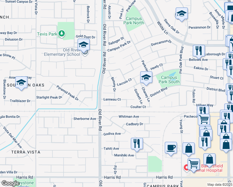 map of restaurants, bars, coffee shops, grocery stores, and more near 4700 Betony Drive in Bakersfield