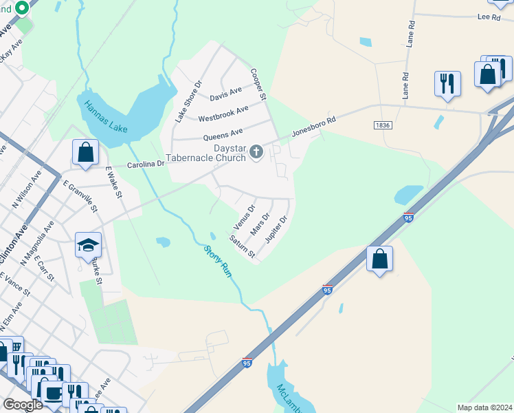 map of restaurants, bars, coffee shops, grocery stores, and more near 119 Venus Drive in Dunn