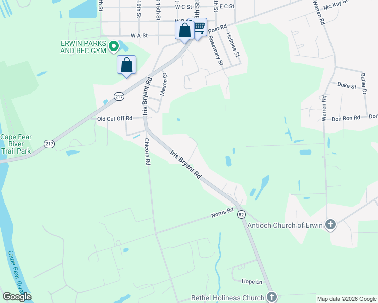 map of restaurants, bars, coffee shops, grocery stores, and more near 100 Mulberry Lane in Dunn