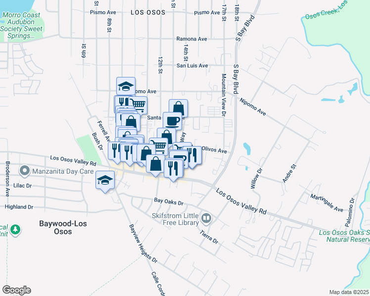 map of restaurants, bars, coffee shops, grocery stores, and more near 1205 Los Olivos Avenue in Los Osos