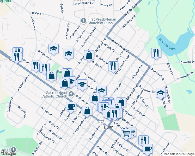 map of restaurants, bars, coffee shops, grocery stores, and more near 404 North Layton Avenue in Dunn