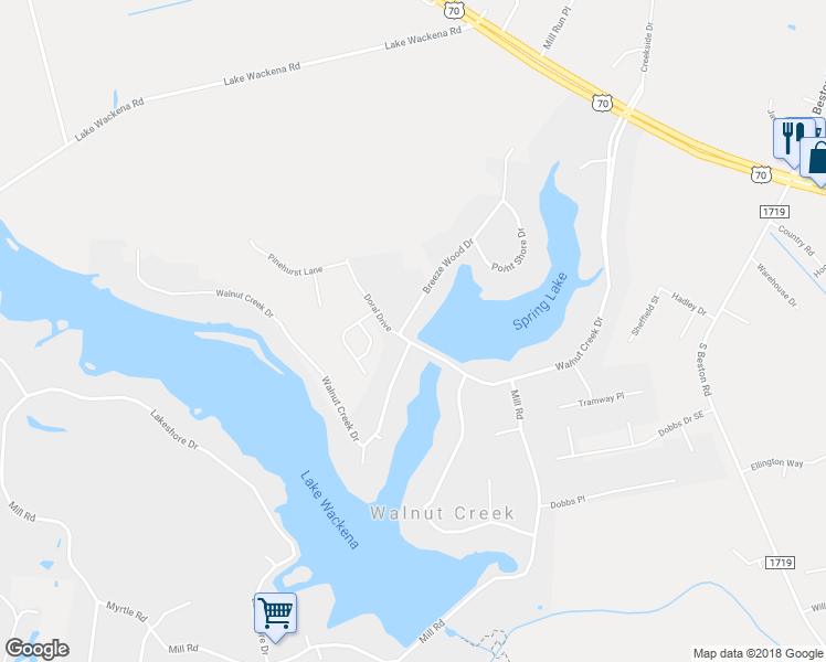 map of restaurants, bars, coffee shops, grocery stores, and more near 100 Breeze Wood Drive in Goldsboro