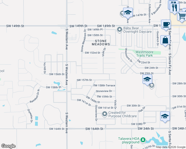 map of restaurants, bars, coffee shops, grocery stores, and more near 634 Stone Meadows Drive in Oklahoma City