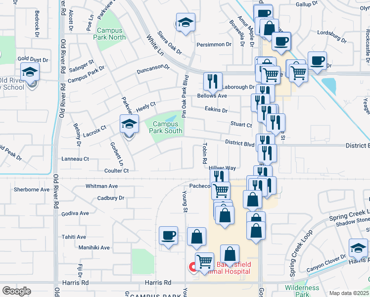 map of restaurants, bars, coffee shops, grocery stores, and more near 4616 Tilyard Court in Bakersfield