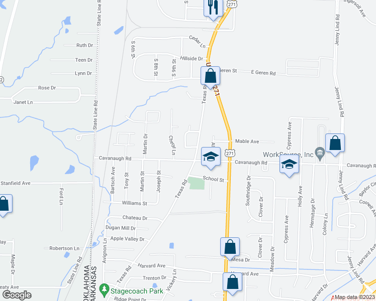 map of restaurants, bars, coffee shops, grocery stores, and more near 1012 Leah Lane in Fort Smith
