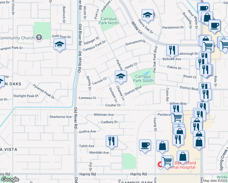 map of restaurants, bars, coffee shops, grocery stores, and more near 4520 Gorbett Lane in Bakersfield