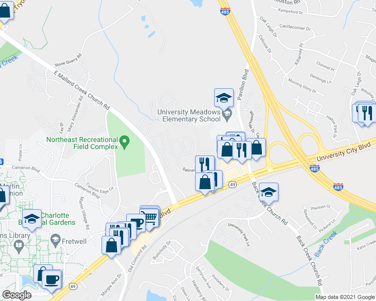 map of restaurants, bars, coffee shops, grocery stores, and more near 1400 Rebecca Bailey Drive in Charlotte