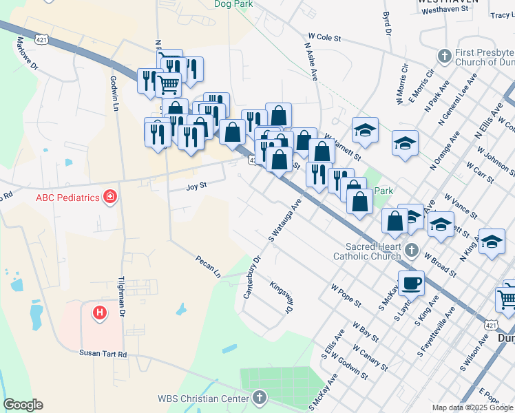 map of restaurants, bars, coffee shops, grocery stores, and more near 1216 West Pearsall Street in Dunn