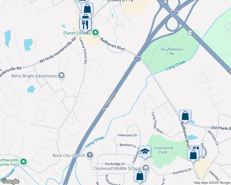 map of restaurants, bars, coffee shops, grocery stores, and more near 2811 Bellhaven Cir in Charlotte