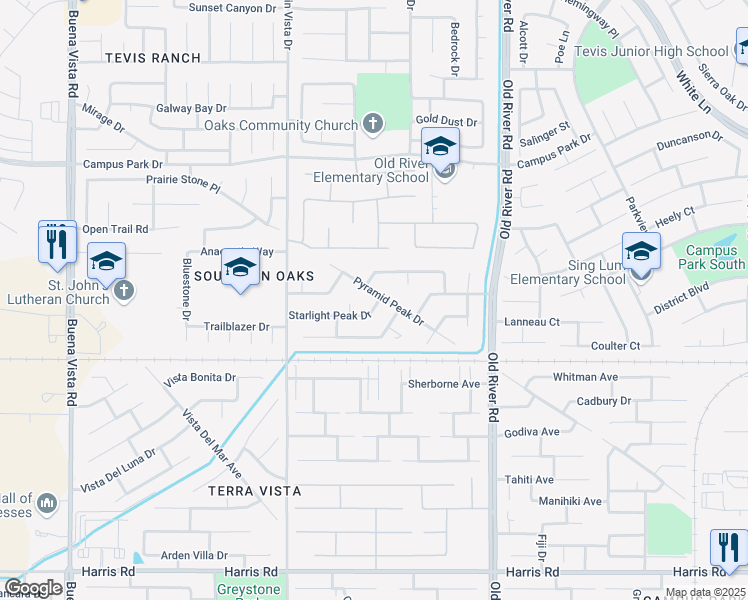 map of restaurants, bars, coffee shops, grocery stores, and more near 10127 Pyramid Peak Drive in Bakersfield