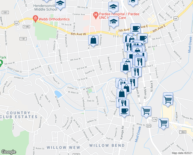 map of restaurants, bars, coffee shops, grocery stores, and more near 702 1st Avenue West in Hendersonville