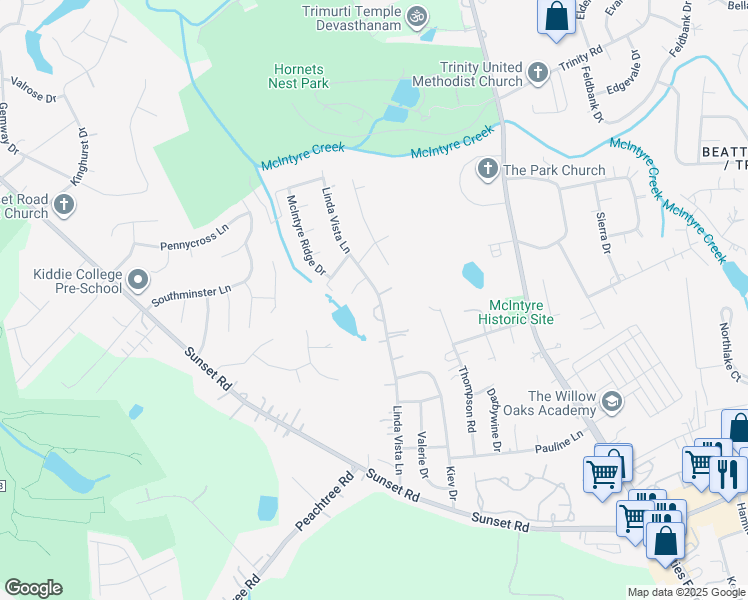 map of restaurants, bars, coffee shops, grocery stores, and more near 5941 Linda Vista Lane in Charlotte