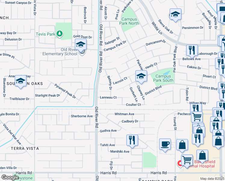 map of restaurants, bars, coffee shops, grocery stores, and more near 4622 Betony Drive in Bakersfield
