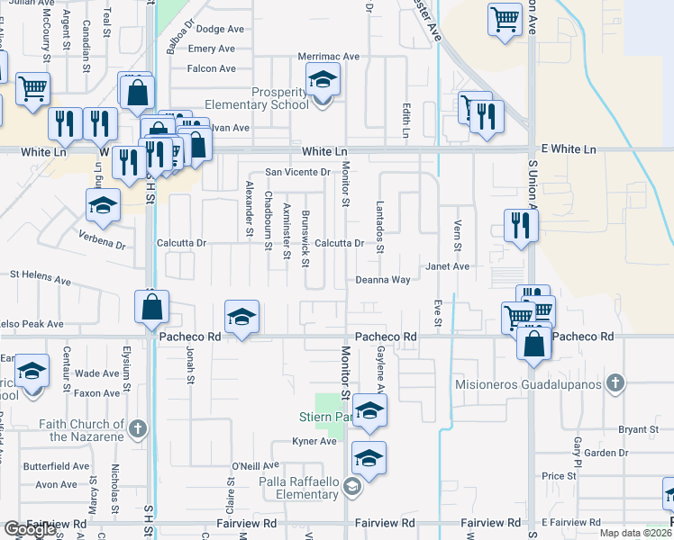 map of restaurants, bars, coffee shops, grocery stores, and more near 4601 Santa Cruz Street in Bakersfield