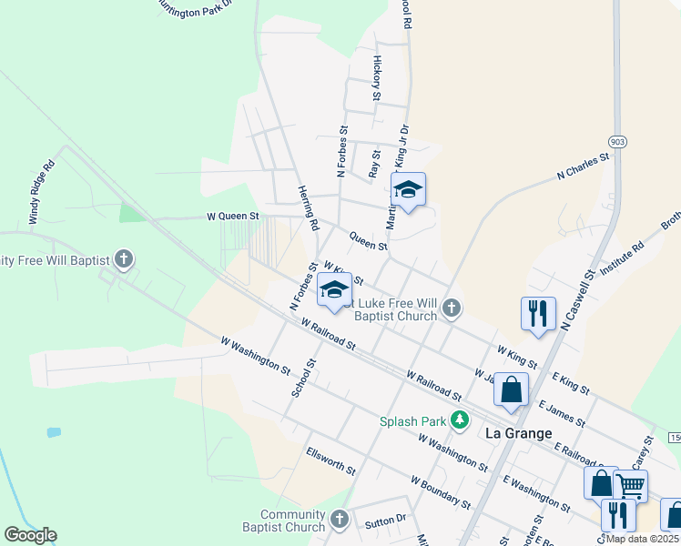 map of restaurants, bars, coffee shops, grocery stores, and more near 616 West King Street in La Grange