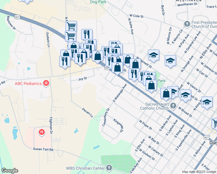map of restaurants, bars, coffee shops, grocery stores, and more near 1216 West Pearsall Street in Dunn