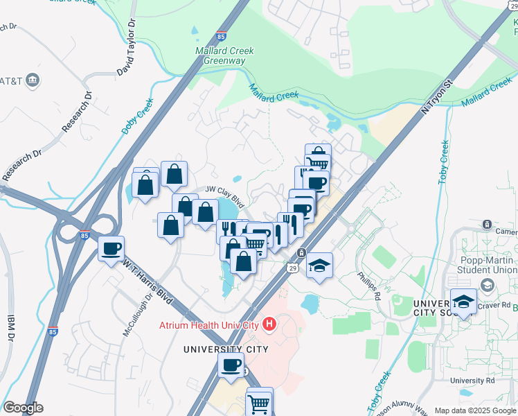 map of restaurants, bars, coffee shops, grocery stores, and more near 9221 Olmsted Dr in Charlotte