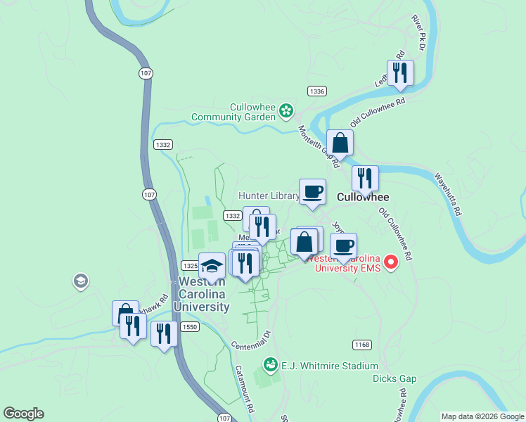 map of restaurants, bars, coffee shops, grocery stores, and more near 324 Buzzard's Roost Road in Cullowhee