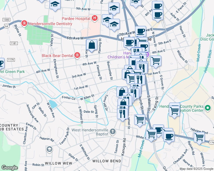 map of restaurants, bars, coffee shops, grocery stores, and more near 522 1st Avenue West in Hendersonville