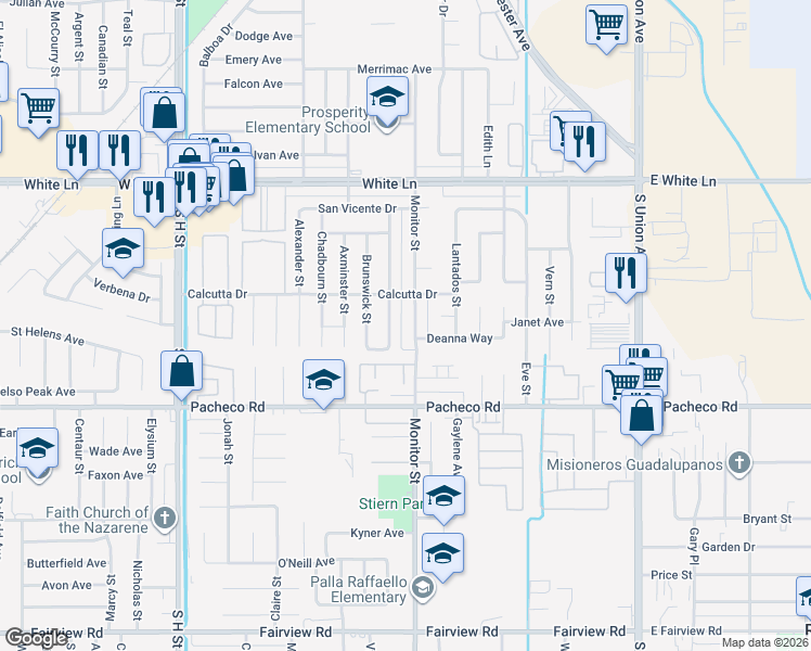 map of restaurants, bars, coffee shops, grocery stores, and more near 4601 Santa Cruz Street in Bakersfield