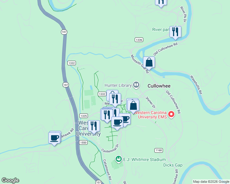 map of restaurants, bars, coffee shops, grocery stores, and more near 324 Buzzard's Roost Road in Cullowhee