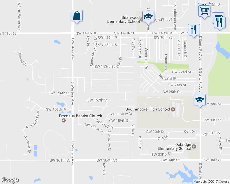 map of restaurants, bars, coffee shops, grocery stores, and more near 605 Stone Meadows Drive in Oklahoma City