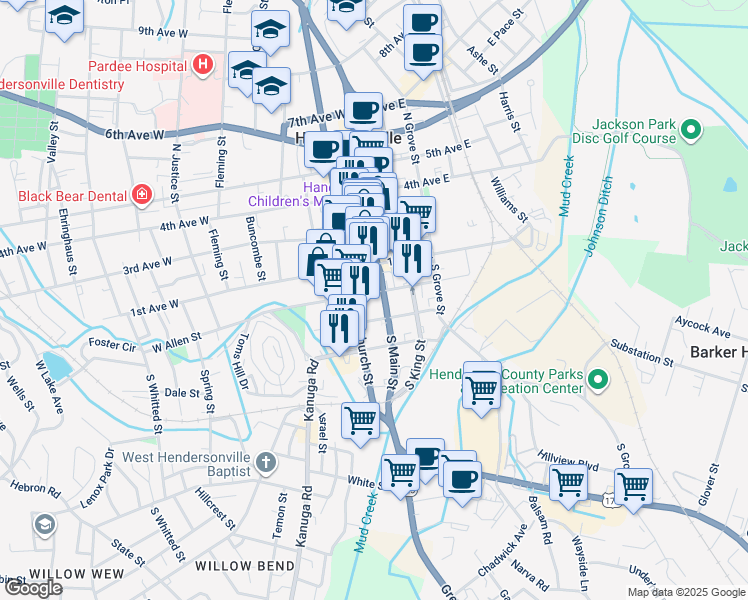 map of restaurants, bars, coffee shops, grocery stores, and more near 201 South Main Street in Hendersonville