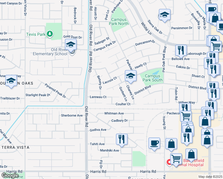 map of restaurants, bars, coffee shops, grocery stores, and more near 4501 Devlin Court in Bakersfield