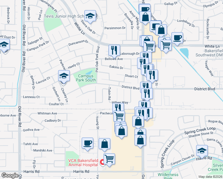 map of restaurants, bars, coffee shops, grocery stores, and more near 4608 Tobin Road in Bakersfield