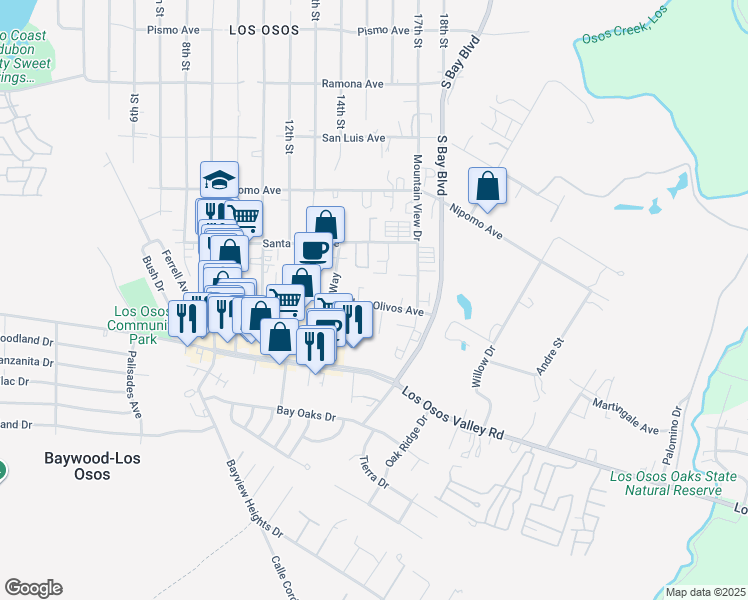 map of restaurants, bars, coffee shops, grocery stores, and more near 1320 Los Olivos Avenue in Baywood-Los Osos