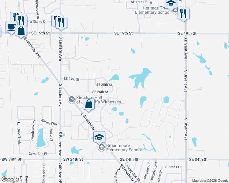 map of restaurants, bars, coffee shops, grocery stores, and more near 2620 Southeast 26th Street in Moore