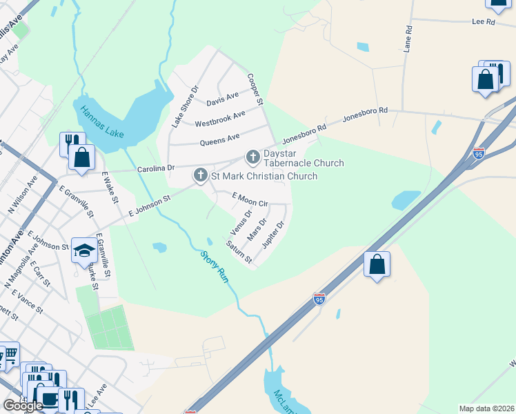 map of restaurants, bars, coffee shops, grocery stores, and more near 302 East Moon Circle in Dunn