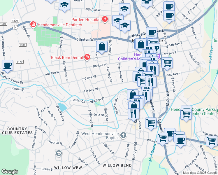 map of restaurants, bars, coffee shops, grocery stores, and more near 702 1st Avenue West in Hendersonville