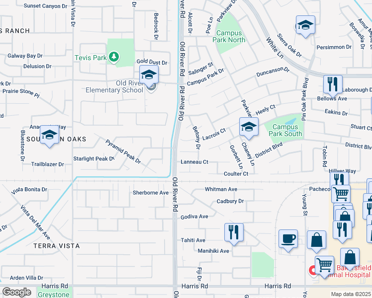 map of restaurants, bars, coffee shops, grocery stores, and more near 9606 Hamburg Court in Bakersfield