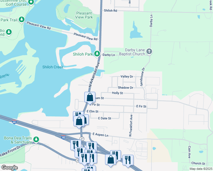 map of restaurants, bars, coffee shops, grocery stores, and more near 3311 North Detroit Avenue in Russellville