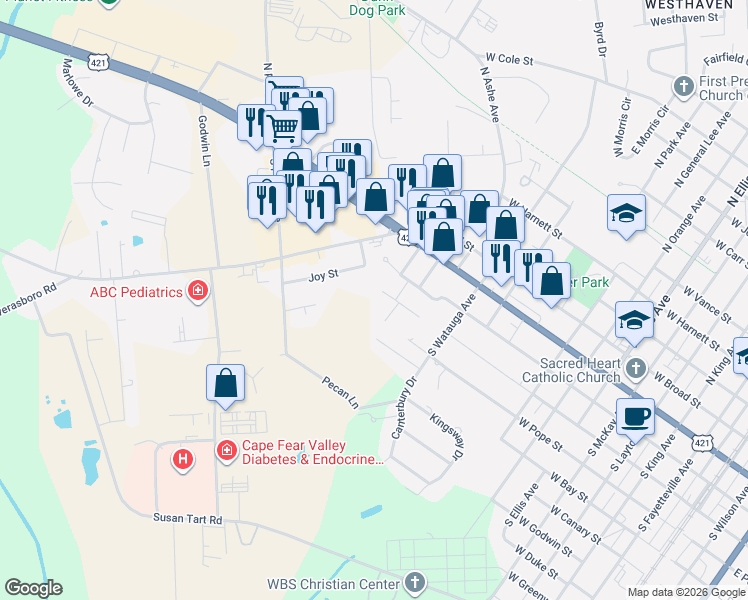 map of restaurants, bars, coffee shops, grocery stores, and more near 1307 West Pearsall Street in Dunn