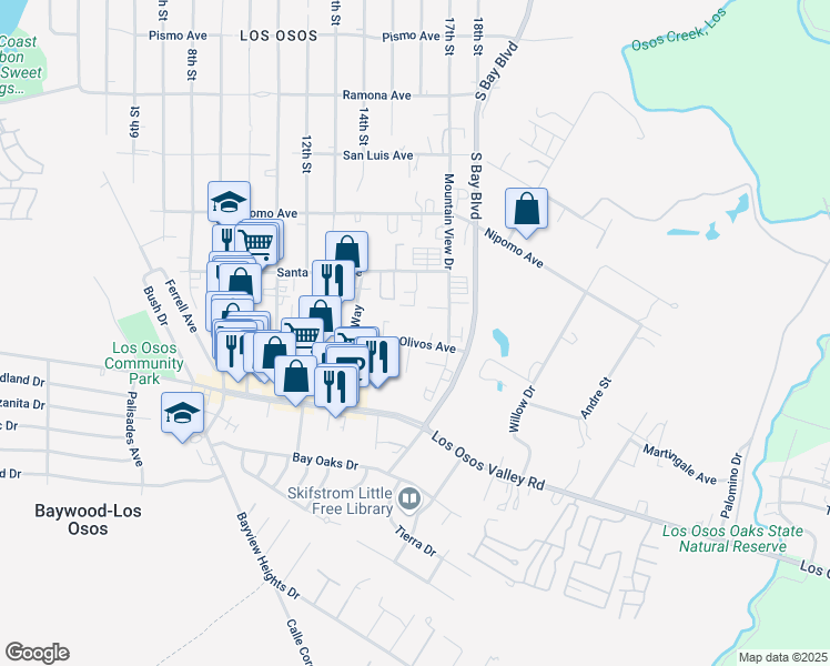 map of restaurants, bars, coffee shops, grocery stores, and more near 1340 Los Olivos Avenue in Baywood-Los Osos