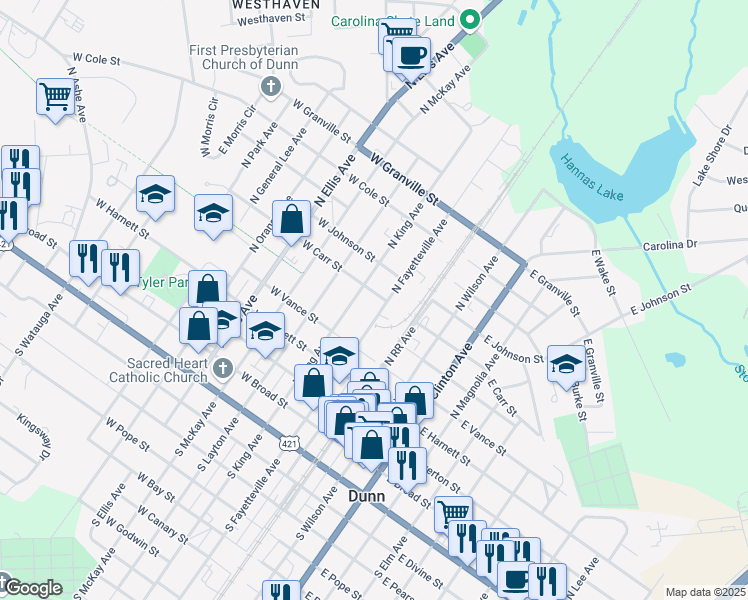 map of restaurants, bars, coffee shops, grocery stores, and more near 509 North Fayetteville Avenue in Dunn