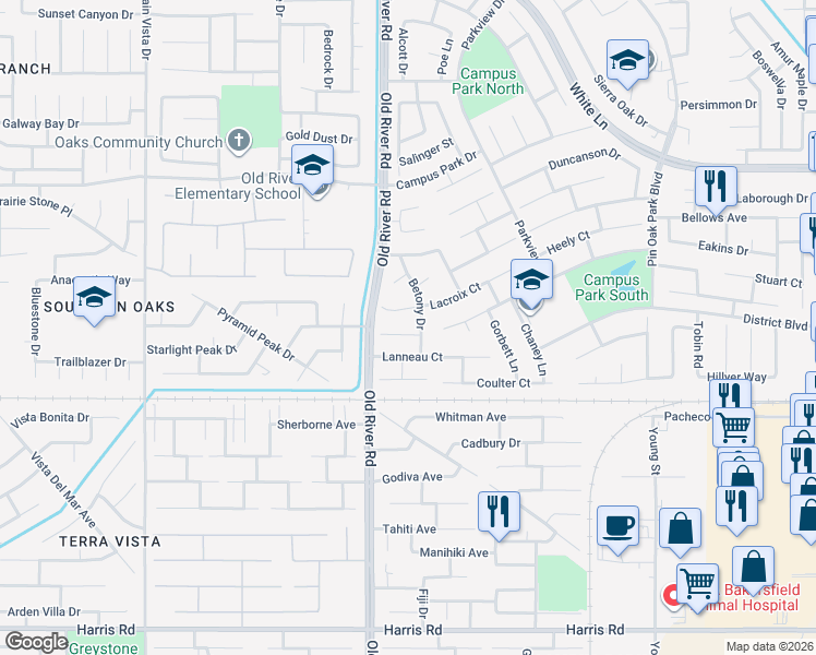 map of restaurants, bars, coffee shops, grocery stores, and more near 9508 Hamburg Court in Bakersfield